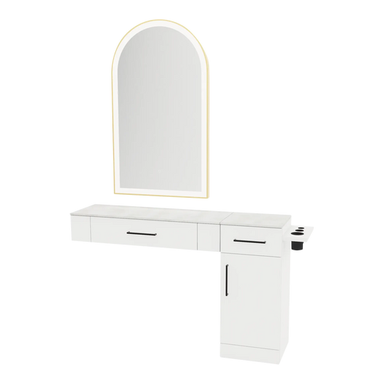 Nova Combo Wall Mount Styling Station with Side-Mount Appliance Holder, Solid Surface Countertop, and Black Arch Paloma Mirror - Kaemark