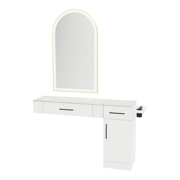 Nova Combo Wall Mount Styling Station with Side-Mount Appliance Holder, Solid Surface Countertop, and Black Arch Paloma Mirror - Kaemark