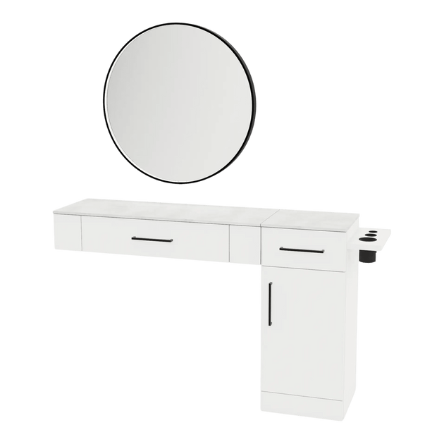 Nova Combo Wall Mount Styling Station with Side-Mount Appliance Holder, Solid Surface Countertop, and Black Round Westin Mirror - Kaemark