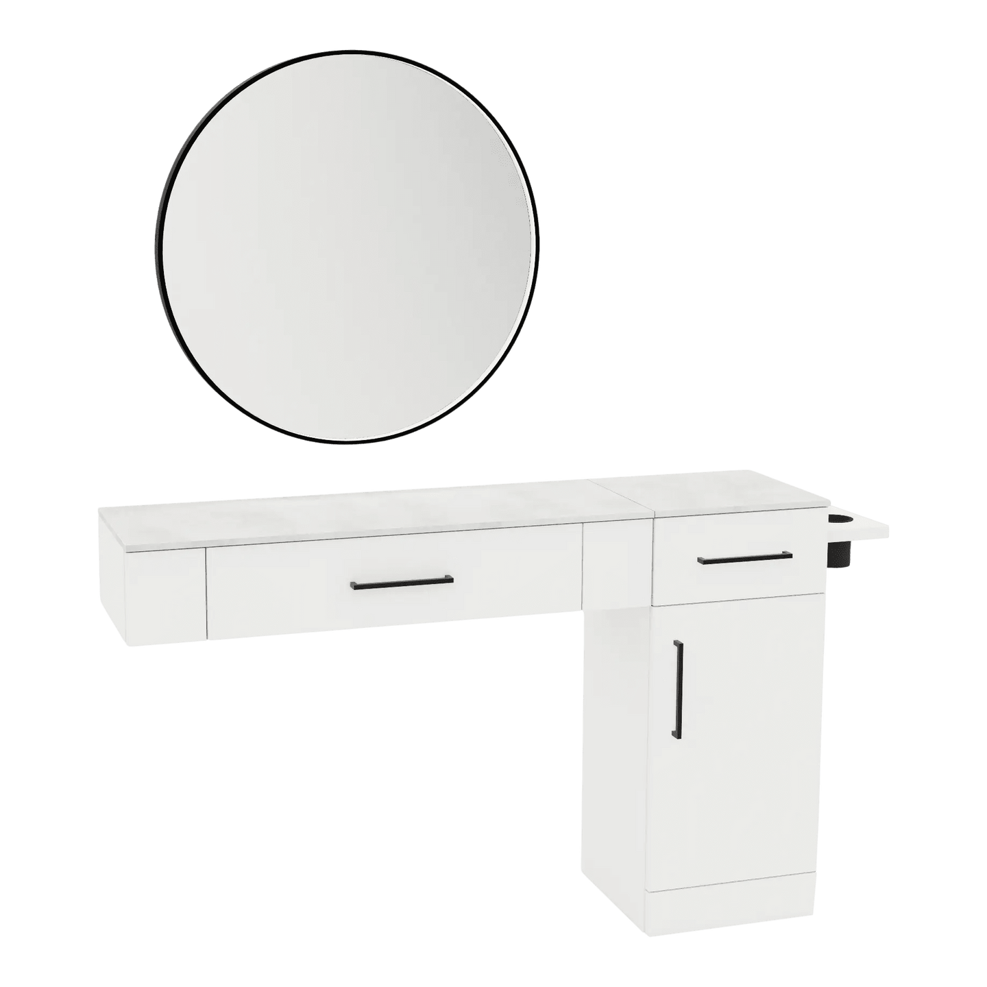 Nova Combo Wall Mount Styling Station with Side-Mount Appliance Holder, Solid Surface Countertop, and Black Round Westin Mirror - Kaemark