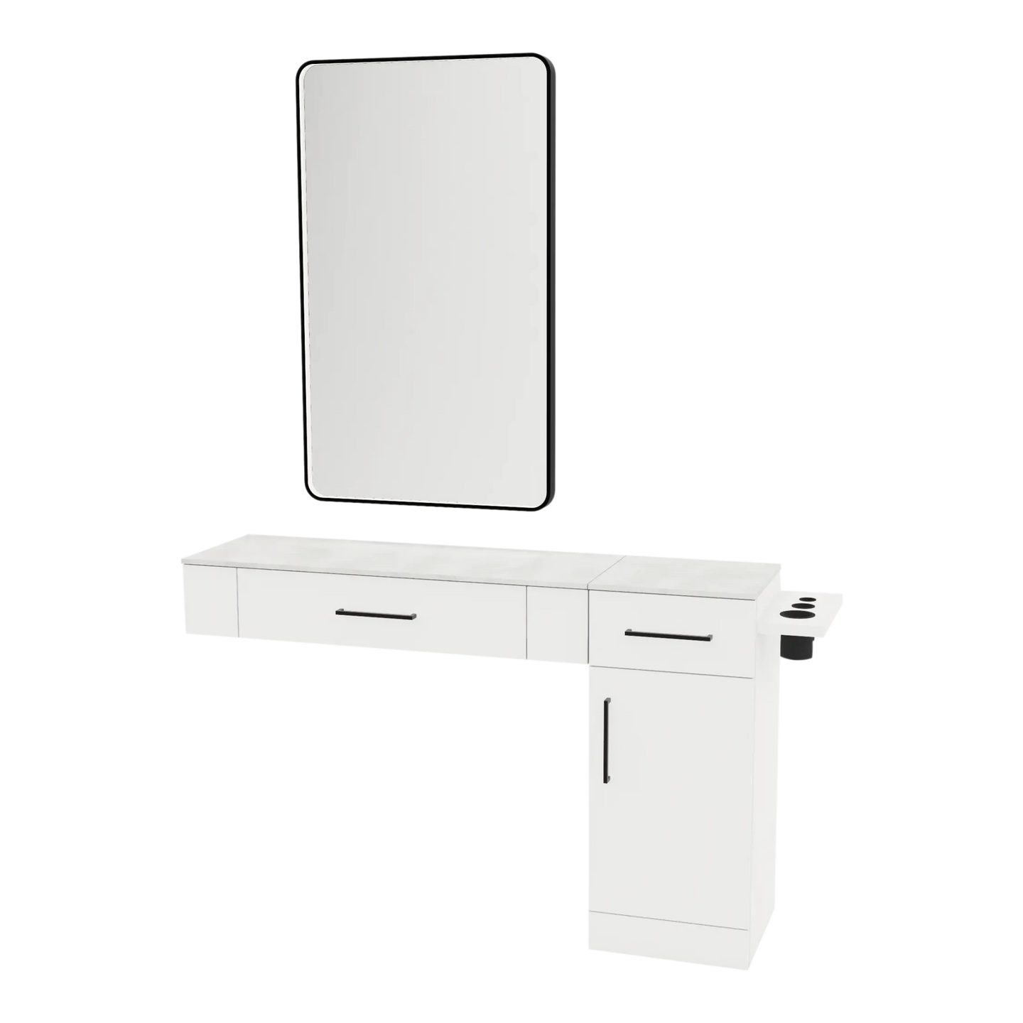 Nova Combo Wall Mount Styling Station with Side-Mount Appliance Holder, Solid Surface Countertop, and Black Rectangle Westin Mirror - Kaemark