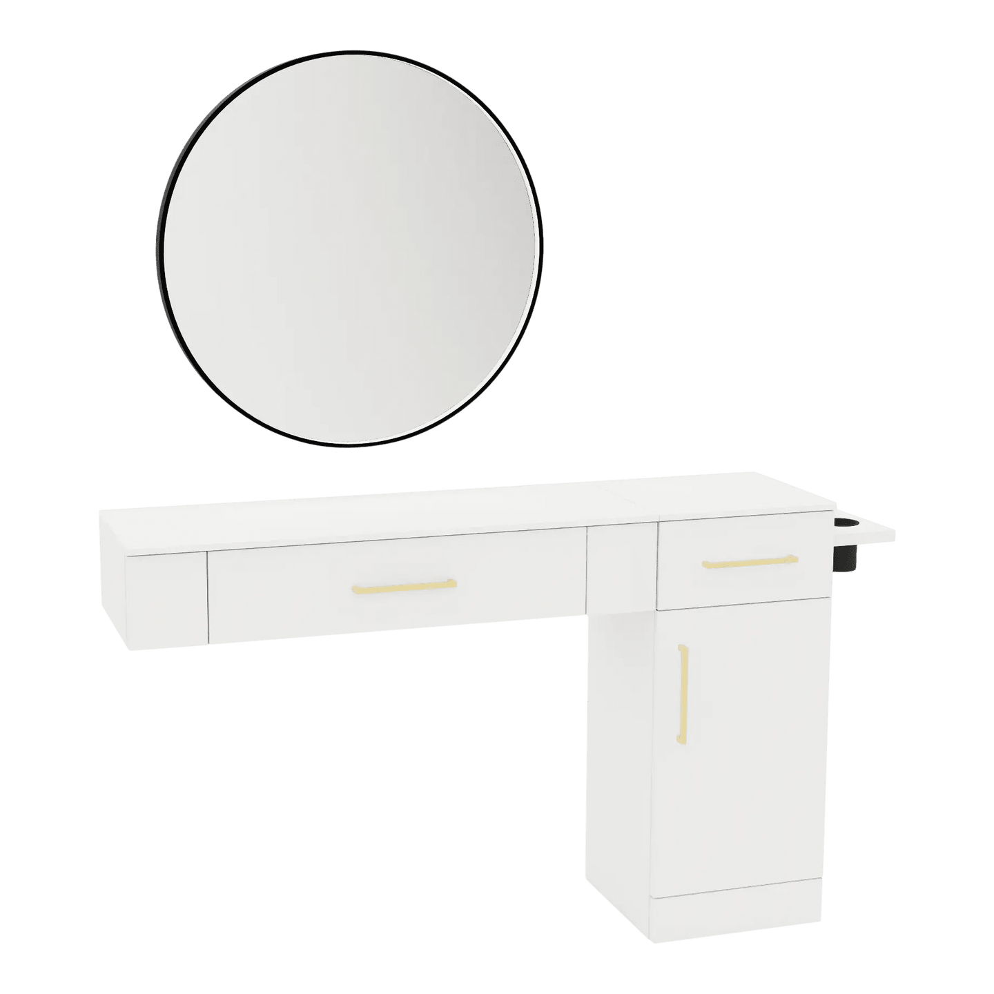 Nova Combo Wall Mount Styling Station with Side-Mount Appliance Holder, Solid Surface Countertop, and Black Round Westin Mirror - Kaemark