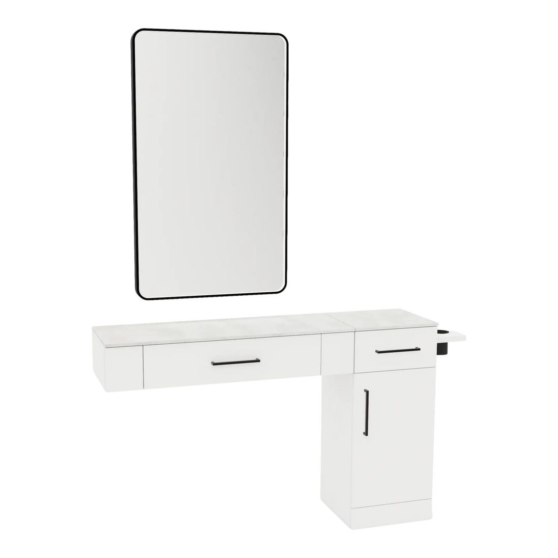 Nova Combo Wall Mount Styling Station with Side-Mount Appliance Holder, Solid Surface Countertop, and Black Rectangle Westin Mirror - Kaemark