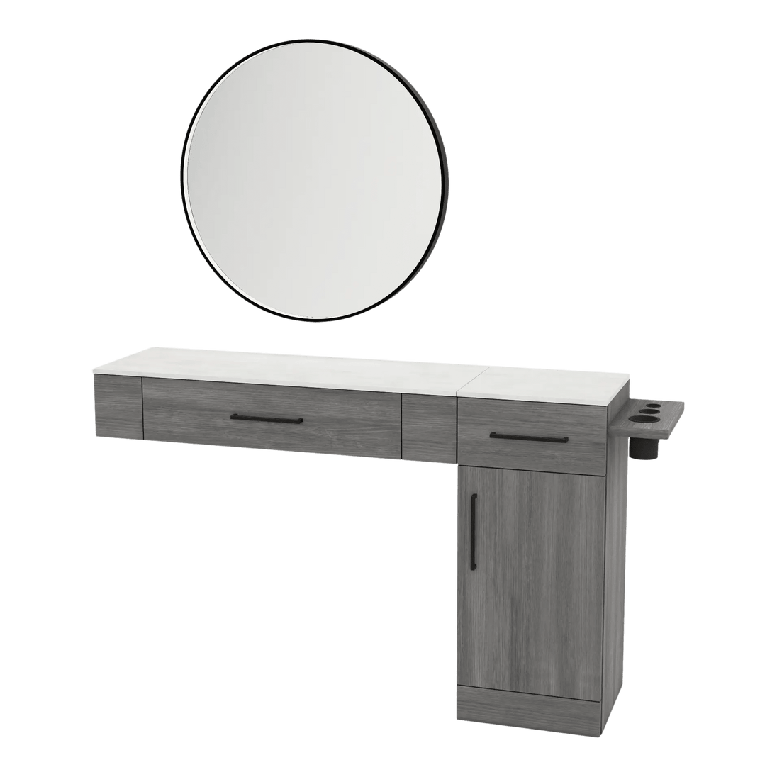 Nova Combo Wall Mount Styling Station with Side-Mount Appliance Holder, Solid Surface Countertop, and Black Round Westin Mirror - Kaemark