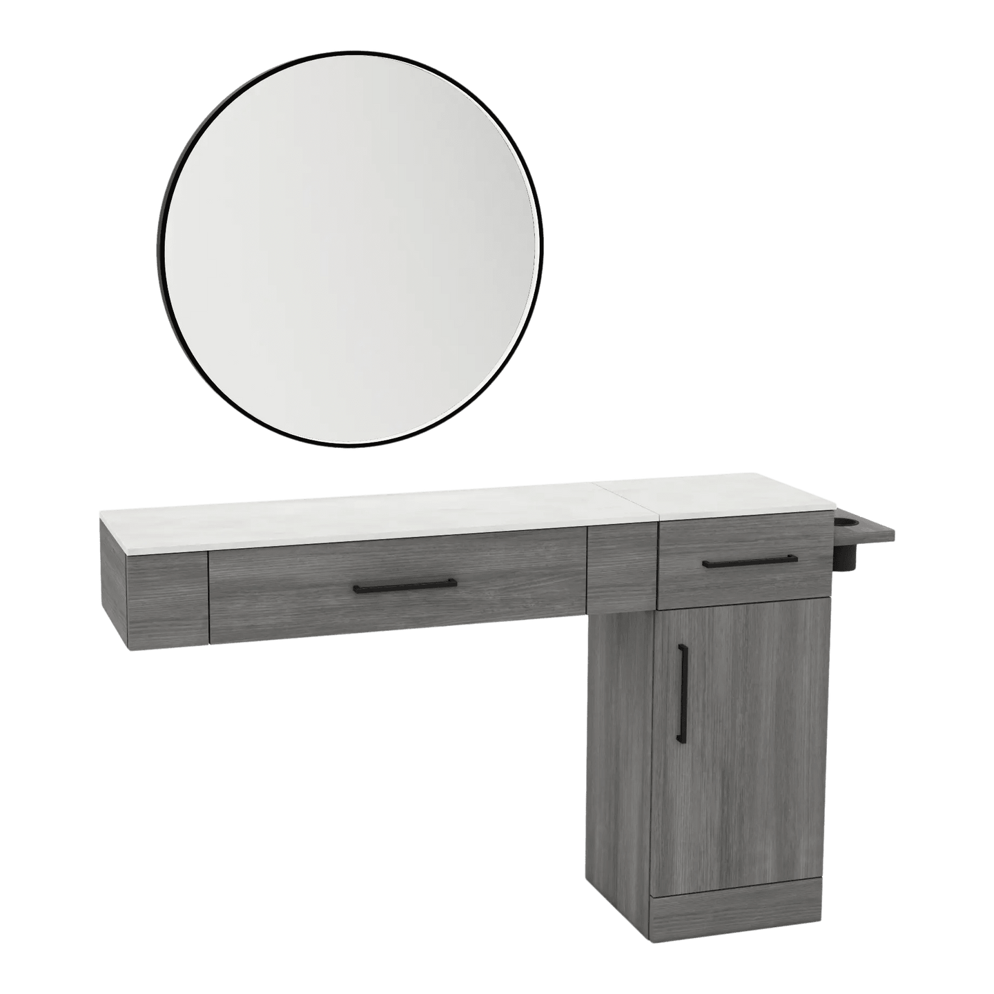 Nova Combo Wall Mount Styling Station with Side-Mount Appliance Holder, Solid Surface Countertop, and Black Round Westin Mirror - Kaemark