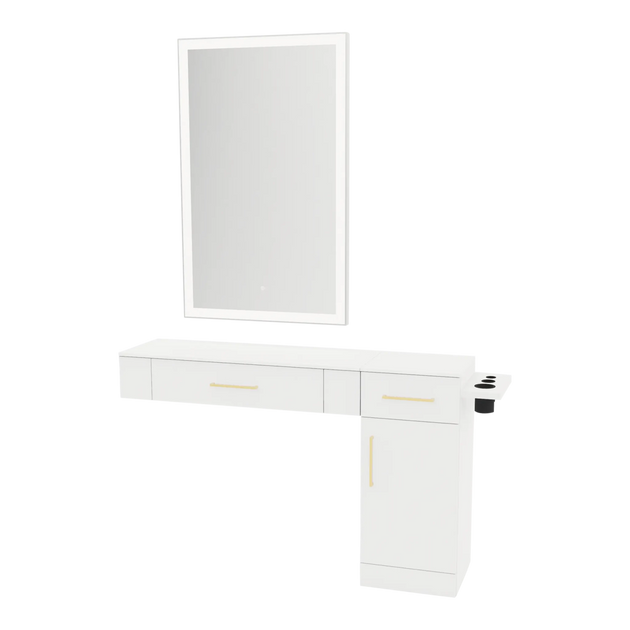 Nova Combo Wall Mount Styling Station with Side-Mount Appliance Holder, Solid Surface Countertop, and Silver Rectangle Glo Mirror - Kaemark