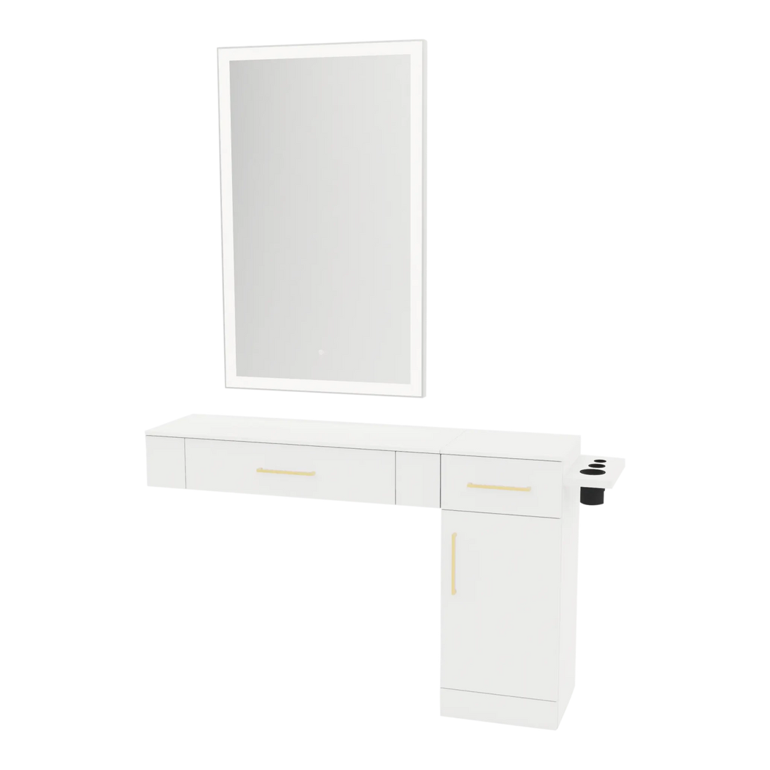 Nova Combo Wall Mount Styling Station with Side-Mount Appliance Holder, Solid Surface Countertop, and Silver Rectangle Glo Mirror - Kaemark