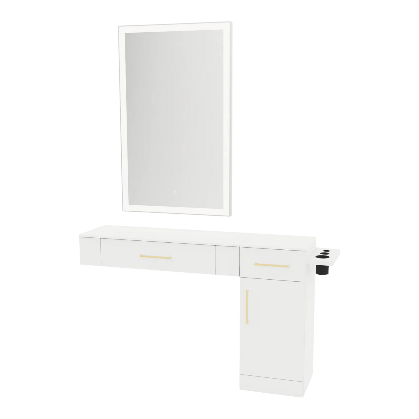 Nova Combo Wall Mount Styling Station with Side-Mount Appliance Holder, Solid Surface Countertop, and Silver Rectangle Glo Mirror - Kaemark