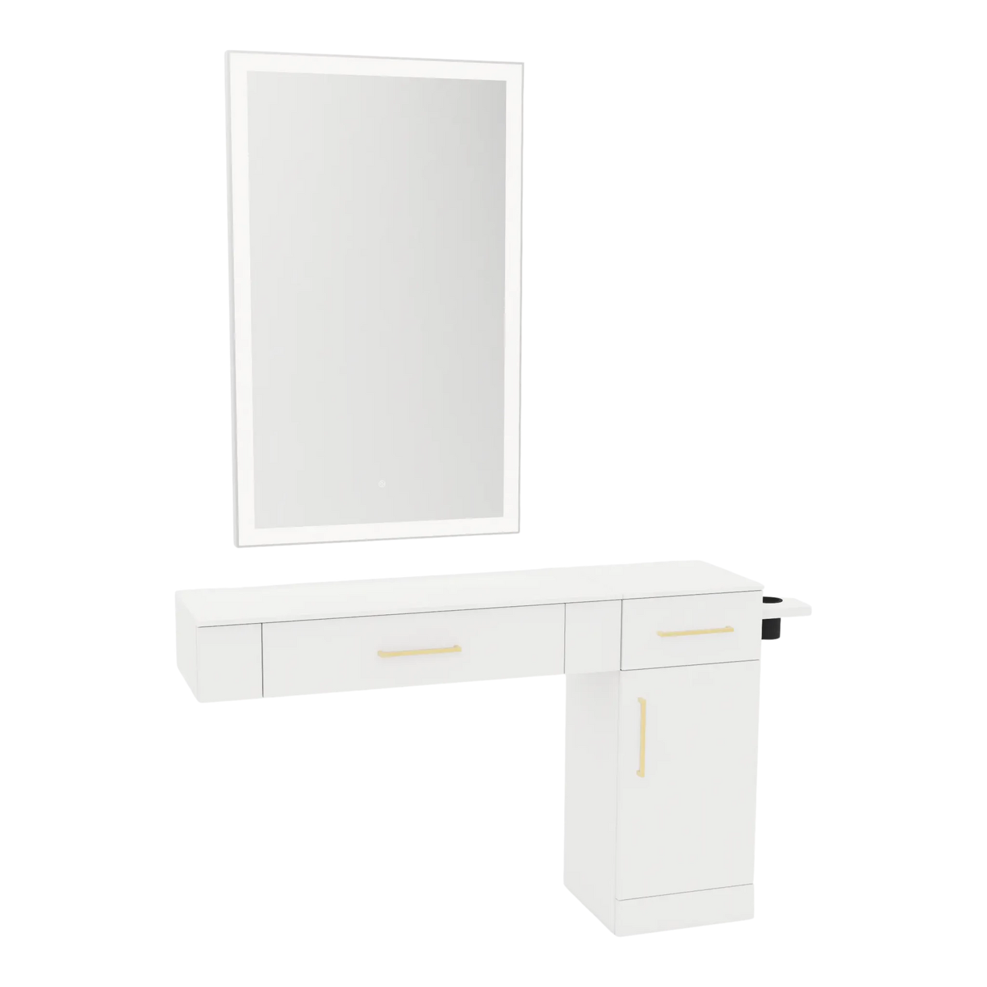 Nova Combo Wall Mount Styling Station with Side-Mount Appliance Holder, Solid Surface Countertop, and Silver Rectangle Glo Mirror - Kaemark