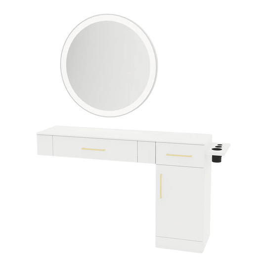 Nova Combo Wall Mount Styling Station with Side-Mount Appliance Holder, Solid Surface Countertop, and Silver Round Glo Mirror - Kaemark