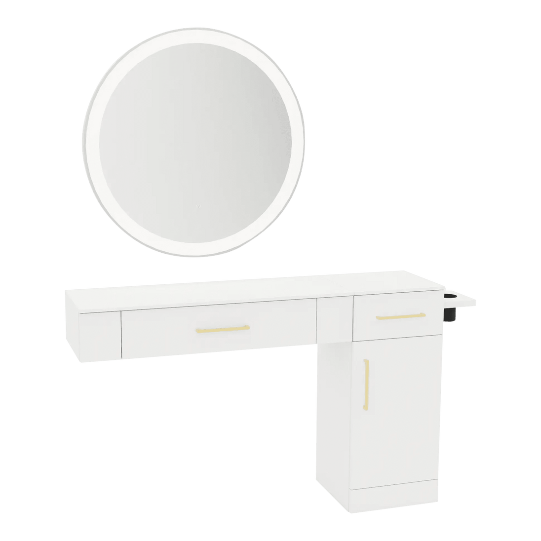 Nova Combo Wall Mount Styling Station with Side-Mount Appliance Holder, Solid Surface Countertop, and Silver Round Glo Mirror - Kaemark