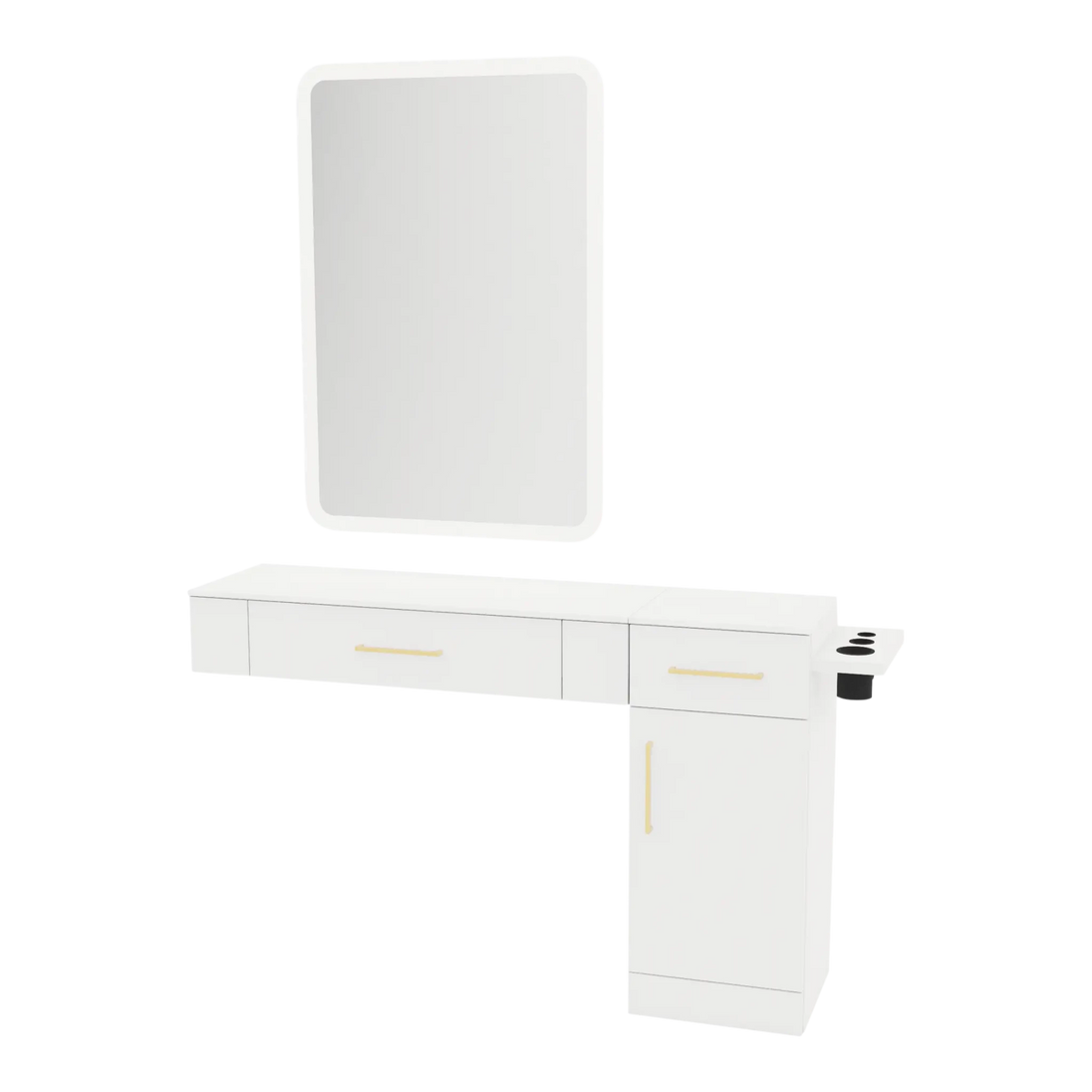 Nova Combo Wall Mount Styling Station with Side-Mount Appliance Holder, Solid Surface Countertop, and White Rectangle Illuminate Back Lit Mirror - Kaemark