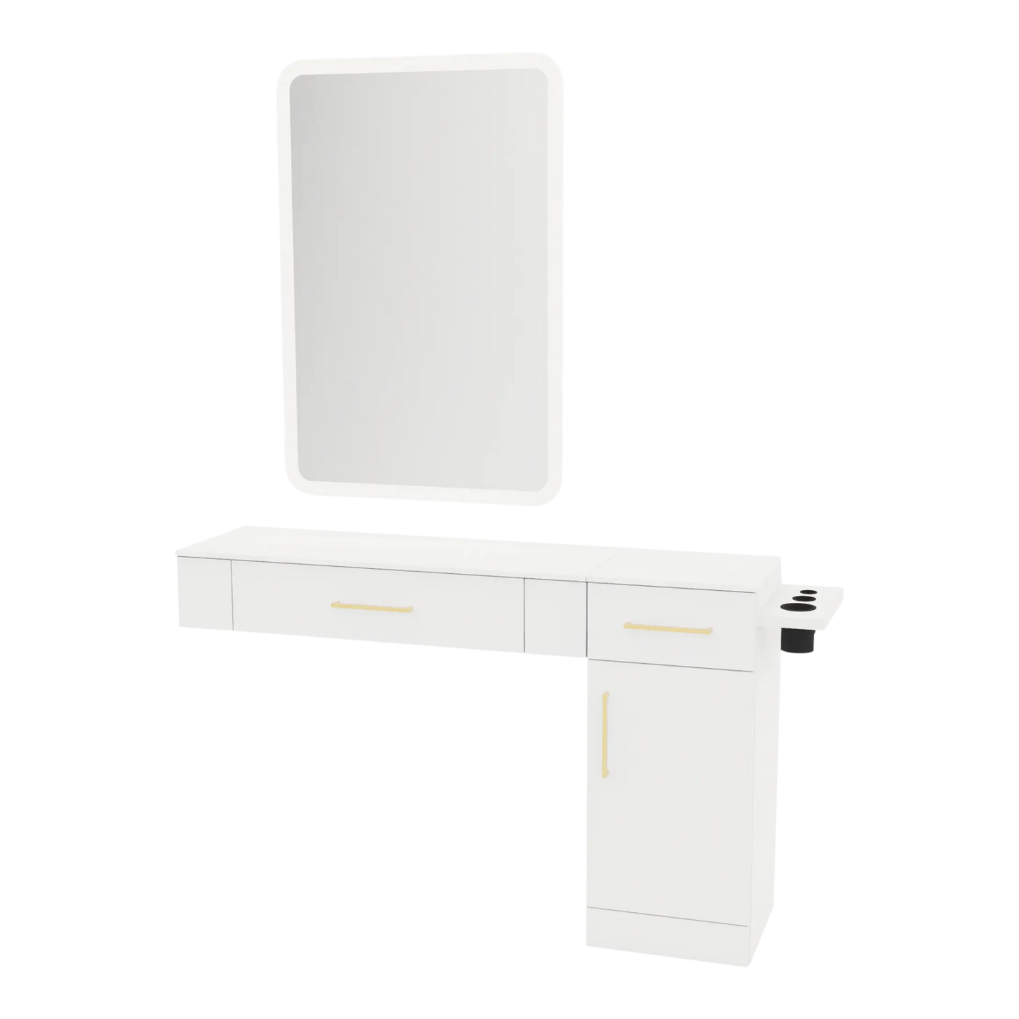 Nova Combo Wall Mount Styling Station with Side-Mount Appliance Holder, Solid Surface Countertop, and White Rectangle Illuminate Back Lit Mirror - Kaemark