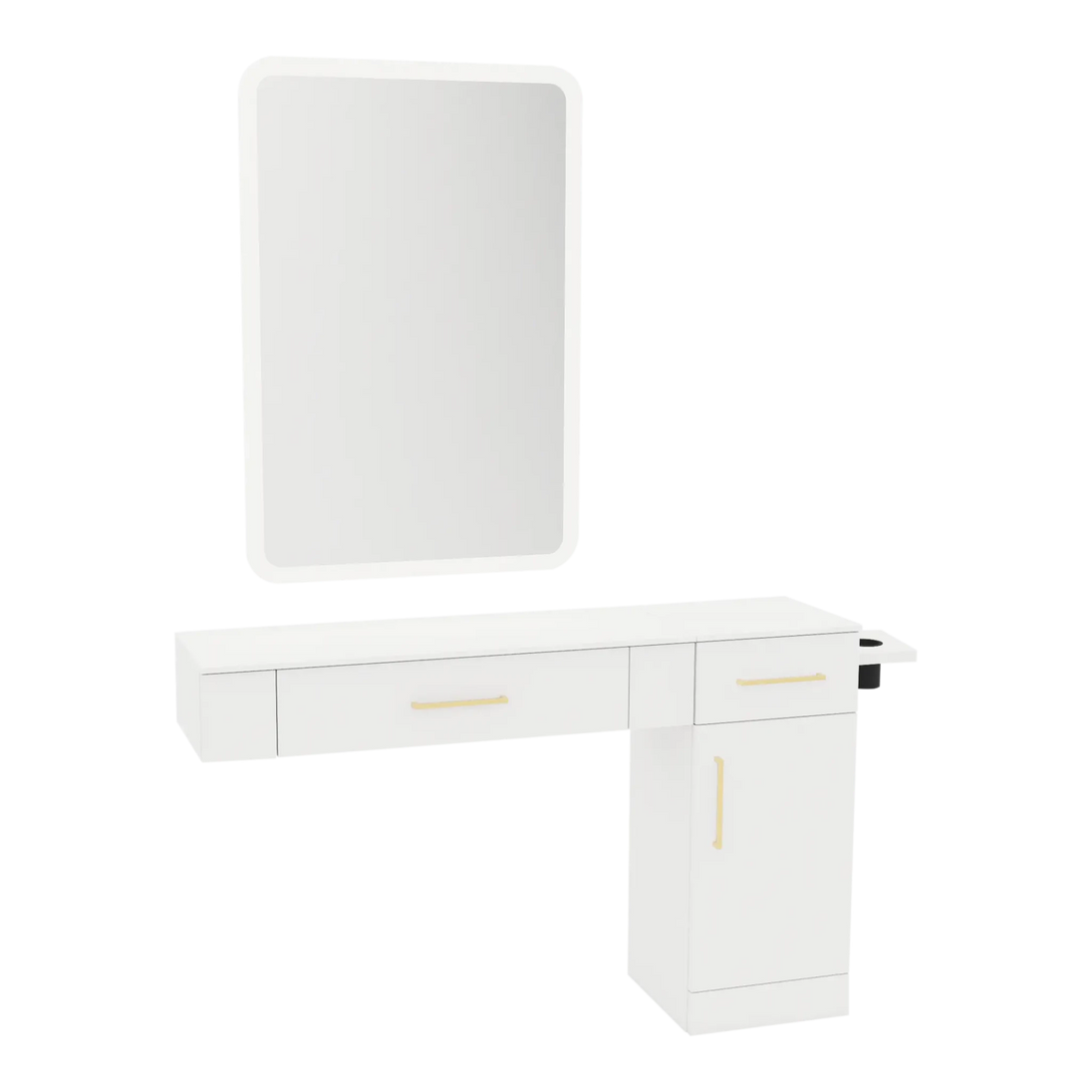 Nova Combo Wall Mount Styling Station with Side-Mount Appliance Holder, Solid Surface Countertop, and White Rectangle Illuminate Back Lit Mirror - Kaemark