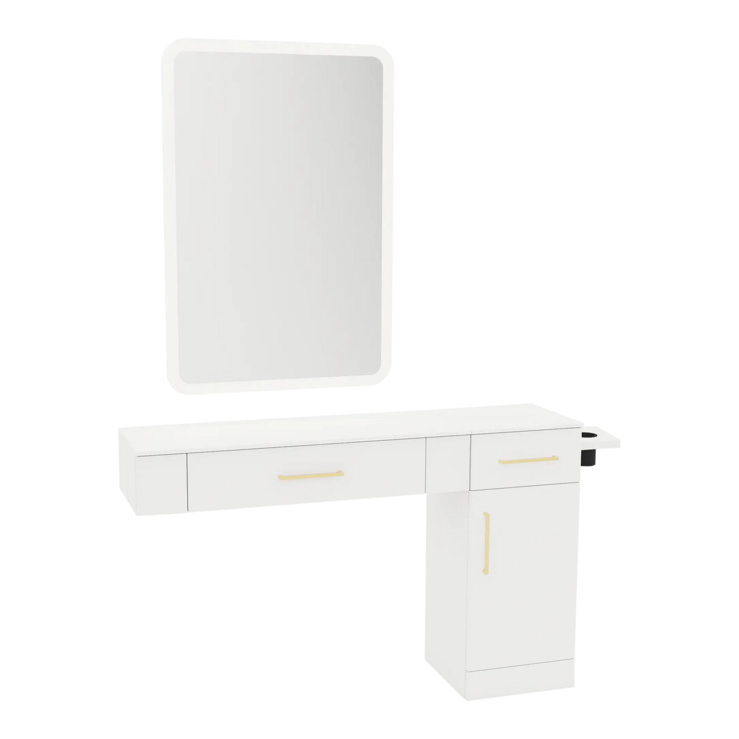 Nova Combo Wall Mount Styling Station with Side-Mount Appliance Holder, Solid Surface Countertop, and White Rectangle Illuminate Back Lit Mirror - Kaemark