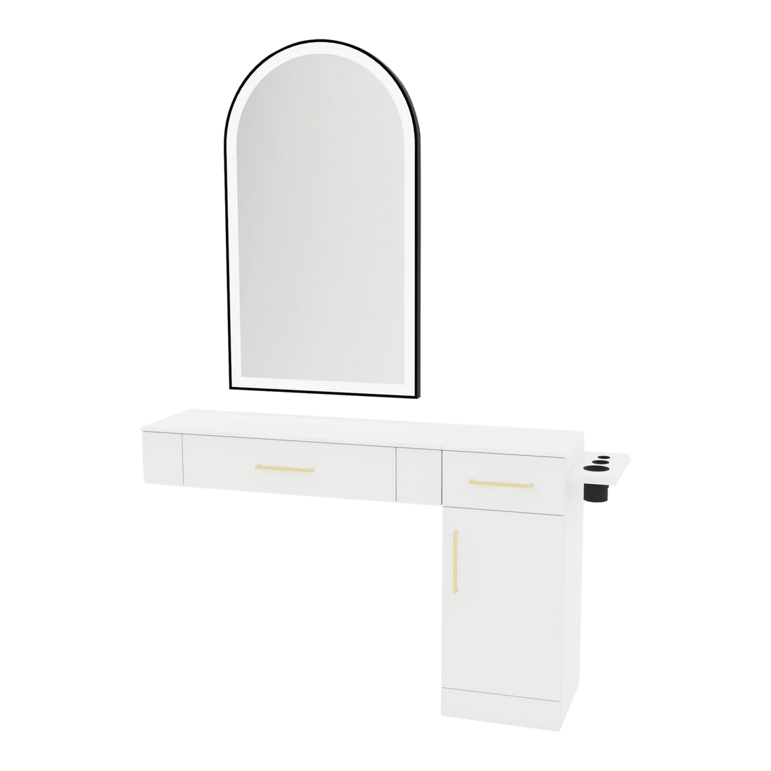 Nova Combo Wall Mount Styling Station with Side-Mount Appliance Holder, Solid Surface Countertop, and Black Arch Paloma Mirror - Kaemark