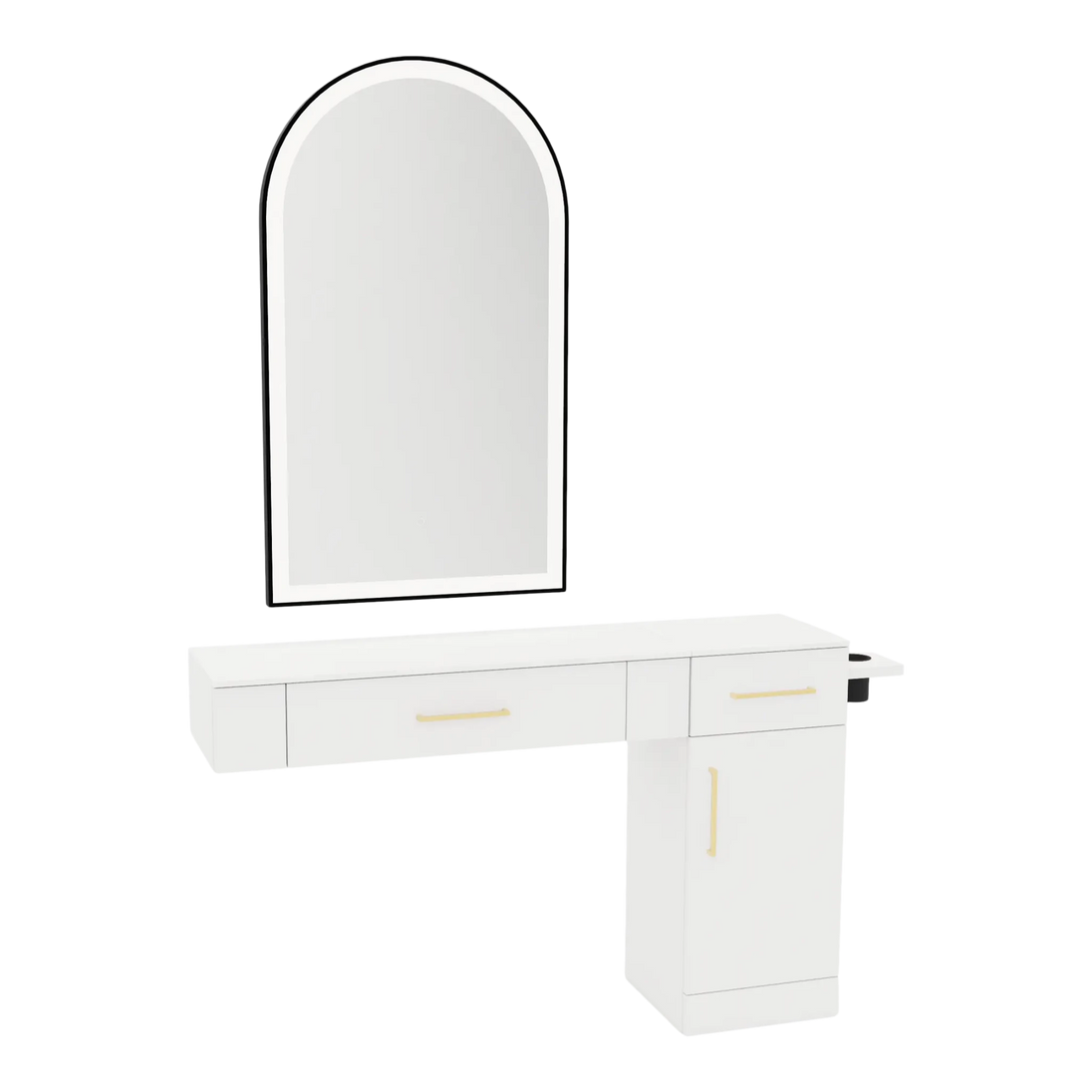 Nova Combo Wall Mount Styling Station with Side-Mount Appliance Holder, Solid Surface Countertop, and Black Arch Paloma Mirror - Kaemark