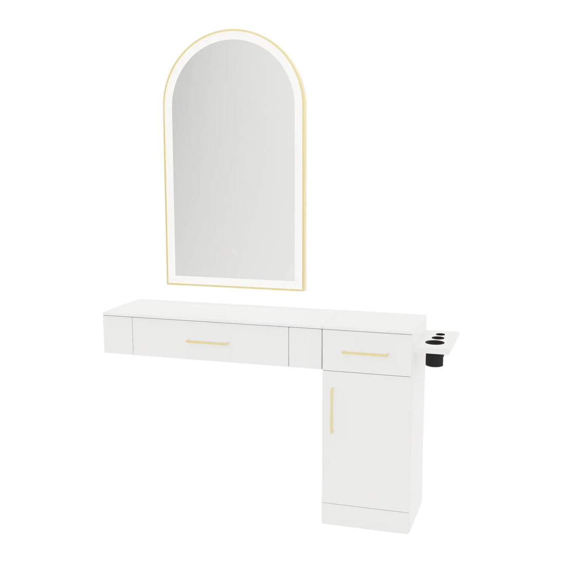 Nova Combo Wall Mount Styling Station with Side-Mount Appliance Holder, Solid Surface Countertop, and Gold Arch Paloma Mirror - Kaemark