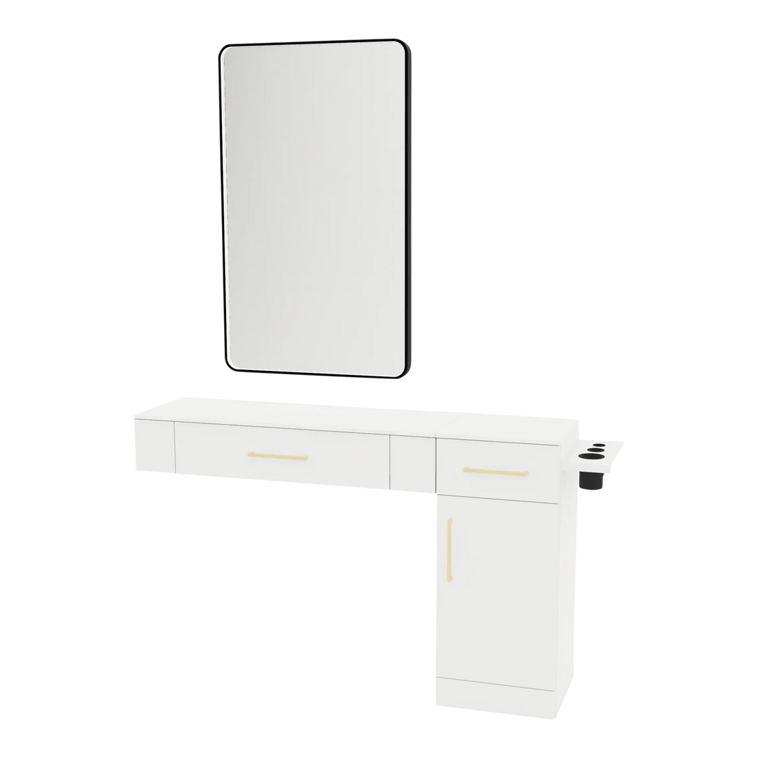 Nova Combo Wall Mount Styling Station with Side-Mount Appliance Holder, Solid Surface Countertop, and Black Rectangle Westin Mirror - Kaemark