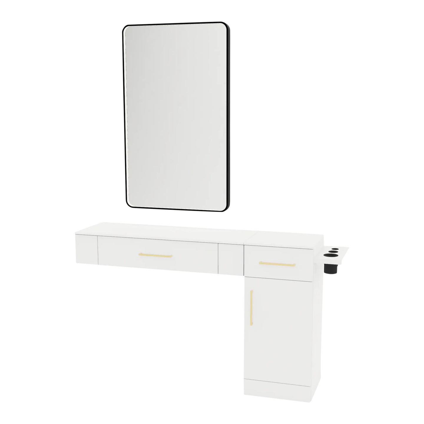 Nova Combo Wall Mount Styling Station with Side-Mount Appliance Holder, Solid Surface Countertop, and Black Rectangle Westin Mirror - Kaemark