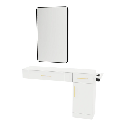 Nova Combo Wall Mount Styling Station with Side-Mount Appliance Holder, Solid Surface Countertop, and Black Rectangle Westin Mirror - Kaemark