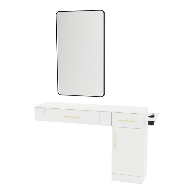 Nova Combo Wall Mount Styling Station with Side-Mount Appliance Holder, Solid Surface Countertop, and Black Rectangle Westin Mirror - Kaemark