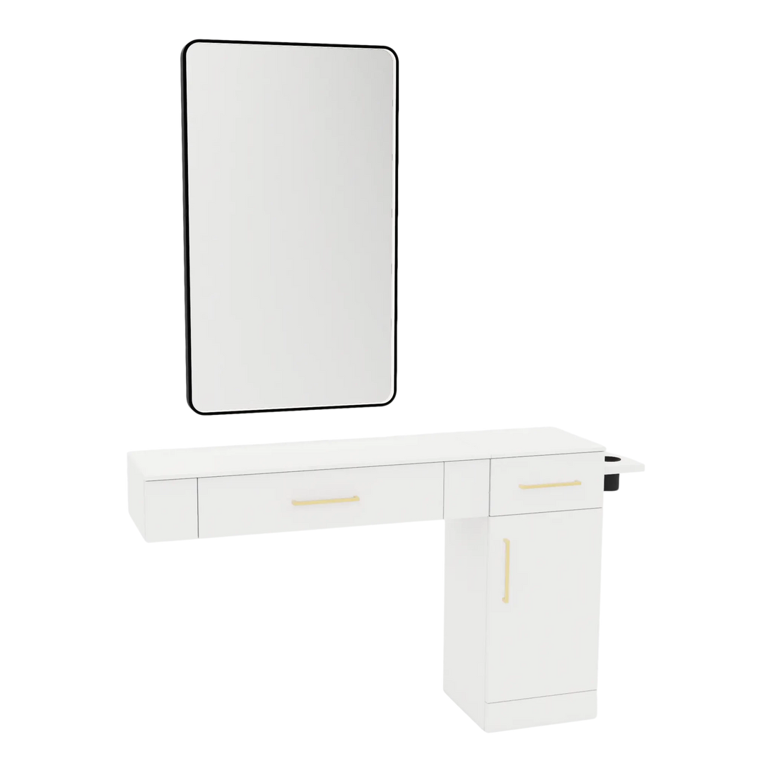 Nova Combo Wall Mount Styling Station with Side-Mount Appliance Holder, Solid Surface Countertop, and Black Rectangle Westin Mirror - Kaemark