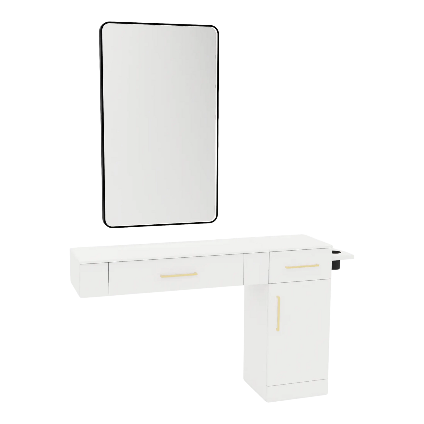 Nova Combo Wall Mount Styling Station with Side-Mount Appliance Holder, Solid Surface Countertop, and Black Rectangle Westin Mirror - Kaemark