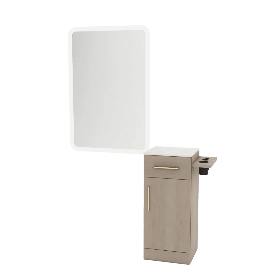 Nova Tower Free Standing Styling Station with Side-Mount Appliance Holder, Solid Surface Countertop, and White Rectangle Illuminate Back Lit Mirror - Kaemark
