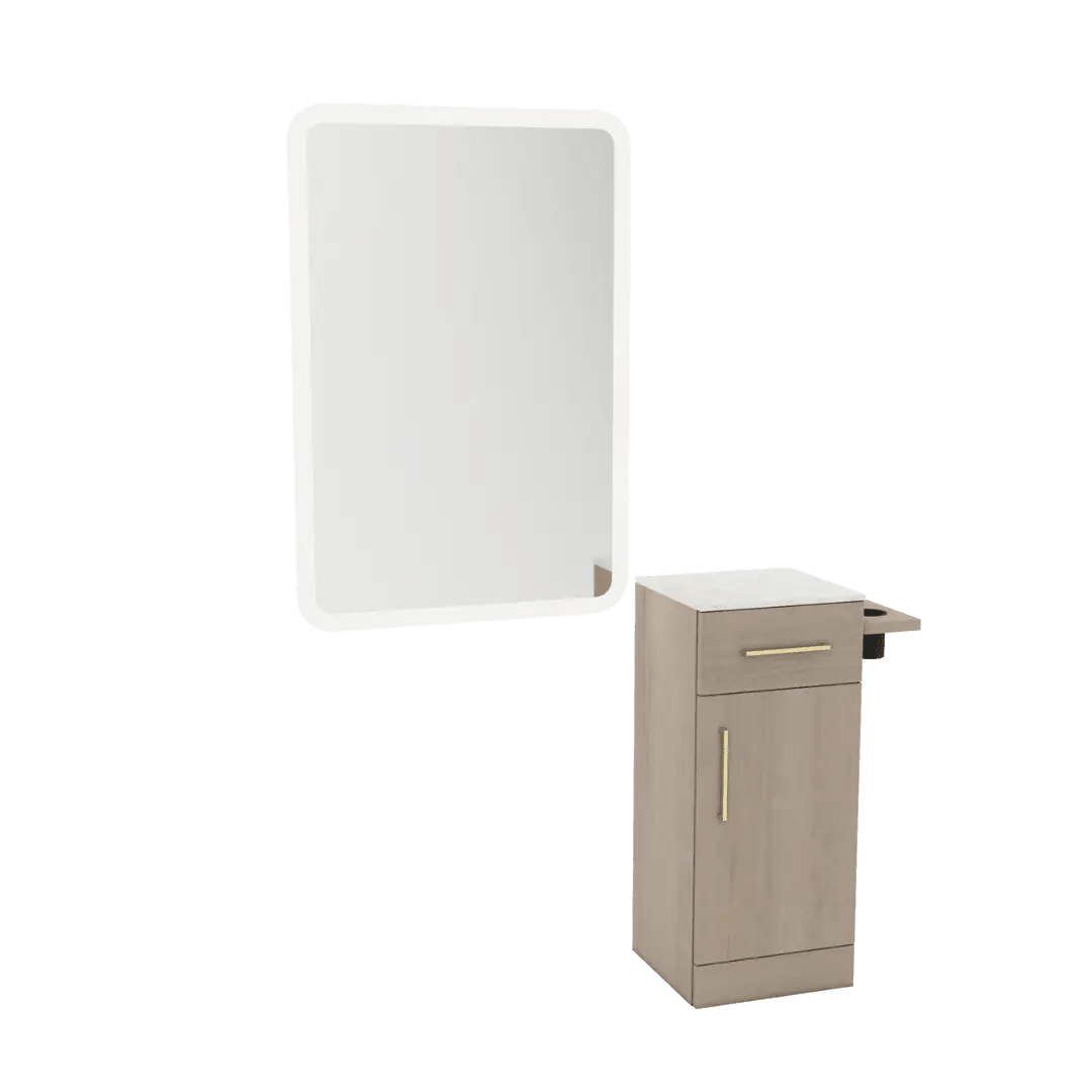 Nova Tower Free Standing Styling Station with Side-Mount Appliance Holder, Solid Surface Countertop, and White Rectangle Illuminate Back Lit Mirror - Kaemark