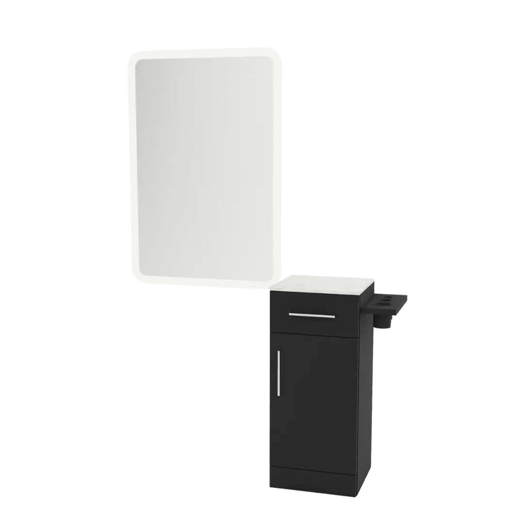Nova Tower Free Standing Styling Station with Side-Mount Appliance Holder, Solid Surface Countertop, and White Rectangle Illuminate Back Lit Mirror - Kaemark
