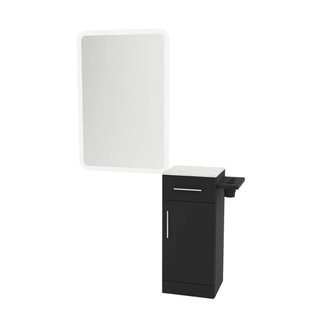 Nova Tower Free Standing Styling Station with Side-Mount Appliance Holder, Solid Surface Countertop, and White Rectangle Illuminate Back Lit Mirror - Kaemark
