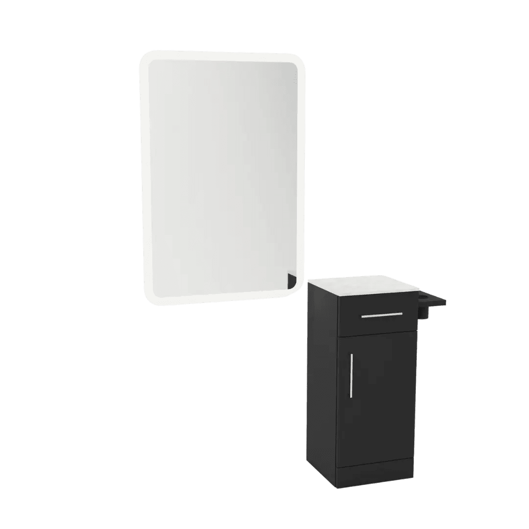 Nova Tower Free Standing Styling Station with Side-Mount Appliance Holder, Solid Surface Countertop, and White Rectangle Illuminate Back Lit Mirror - Kaemark