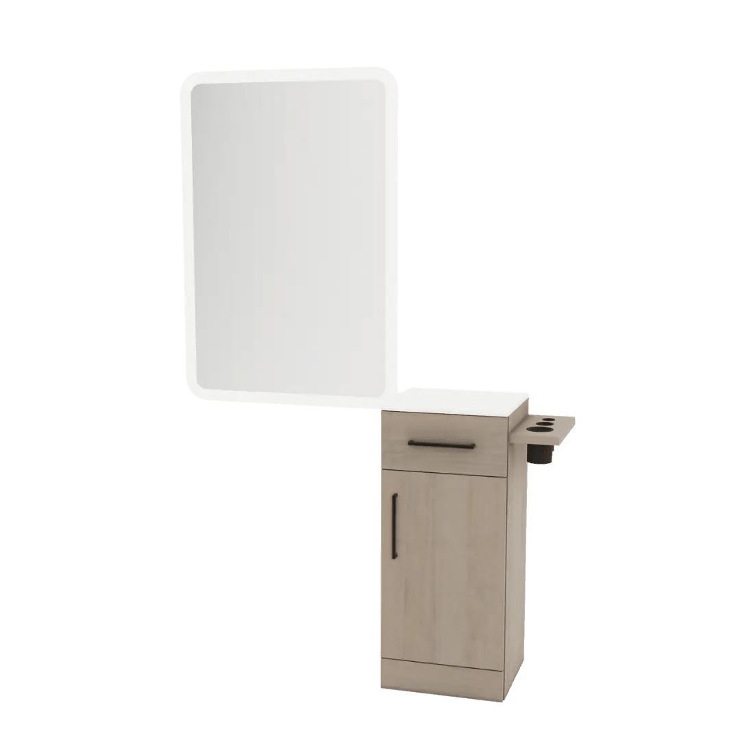 Nova Tower Free Standing Styling Station with Side-Mount Appliance Holder, Solid Surface Countertop, and White Rectangle Illuminate Back Lit Mirror - Kaemark