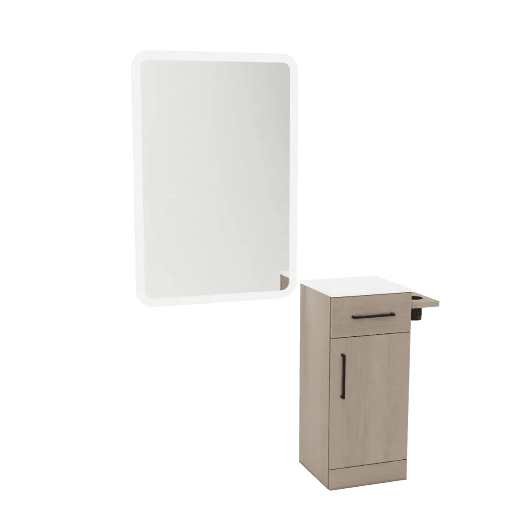 Nova Tower Free Standing Styling Station with Side-Mount Appliance Holder, Solid Surface Countertop, and White Rectangle Illuminate Back Lit Mirror - Kaemark