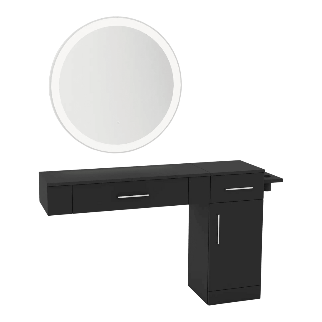 Nova Combo Wall Mount Styling Station with Side-Mount Appliance Holder and Silver Round Glo Mirror - Kaemark