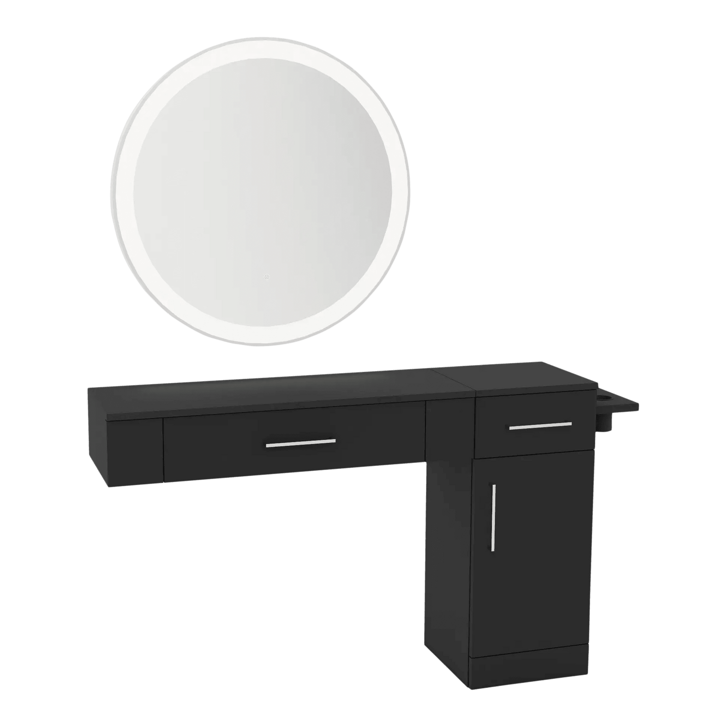 Nova Combo Wall Mount Styling Station with Side-Mount Appliance Holder and Silver Round Glo Mirror - Kaemark