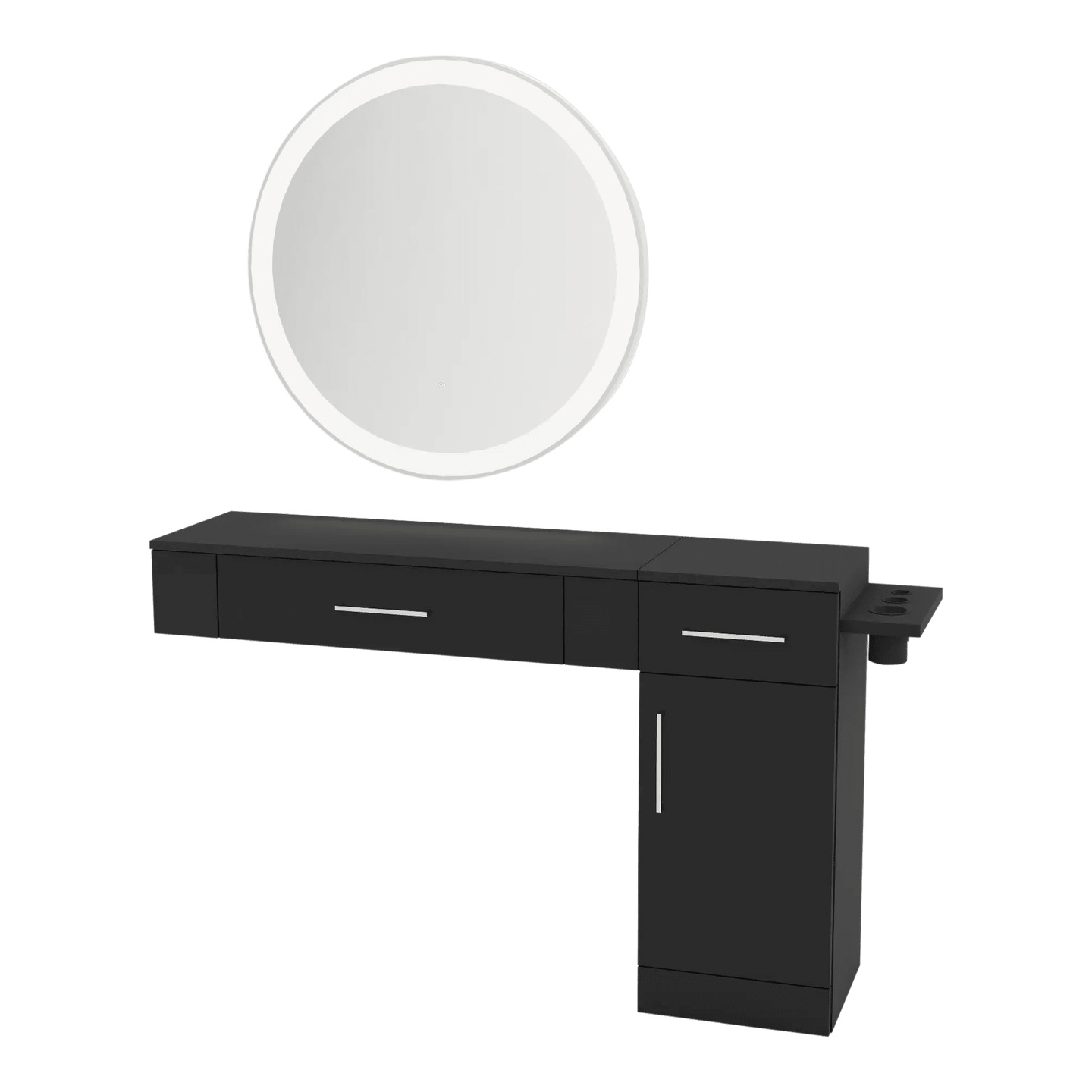 Nova Combo Wall Mount Styling Station with Side-Mount Appliance Holder and Silver Round Glo Mirror - Kaemark