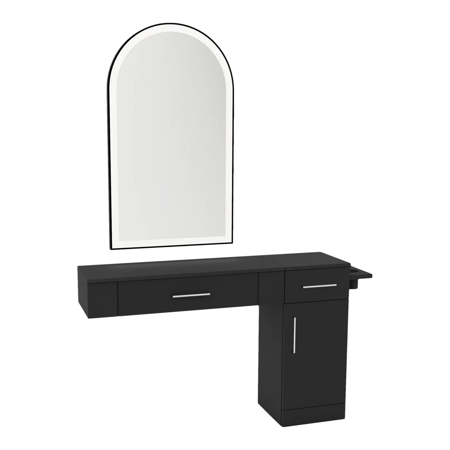 Nova Combo Wall Mount Styling Station with Side-Mount Appliance Holder and Black Arch Paloma Mirror - Kaemark