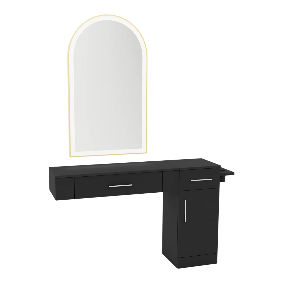 Nova Combo Wall Mount Styling Station with Side-Mount Appliance Holder and Gold Arch Paloma Mirror - Kaemark