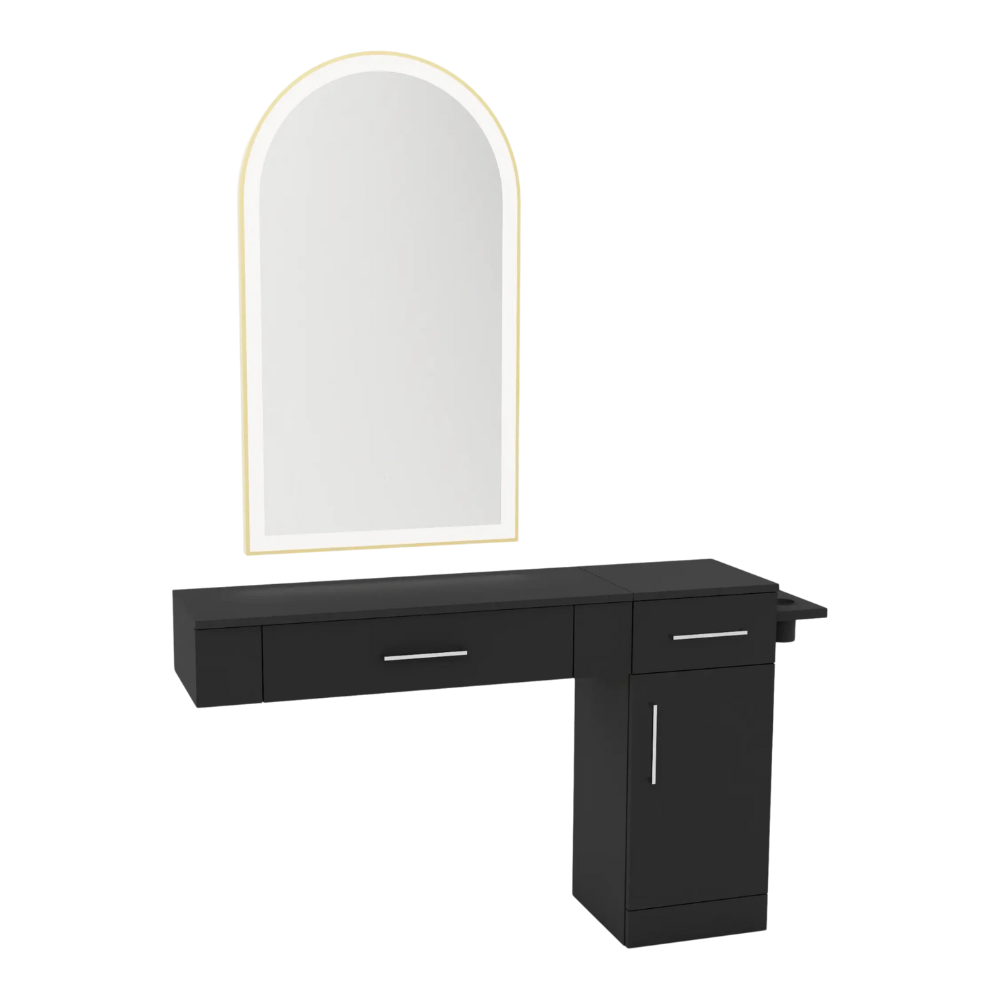 Nova Combo Wall Mount Styling Station with Side-Mount Appliance Holder and Gold Arch Paloma Mirror - Kaemark