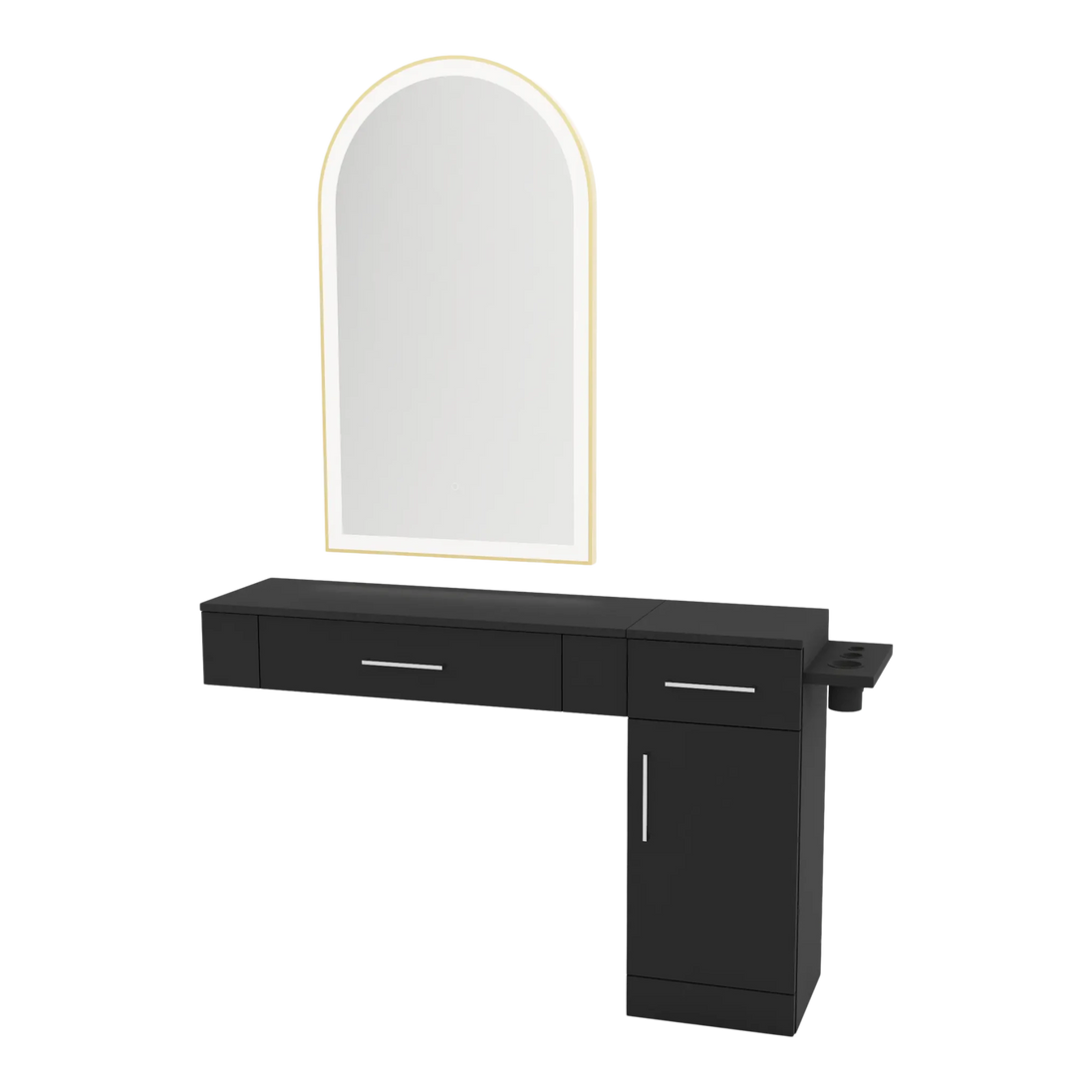 Nova Combo Wall Mount Styling Station with Side-Mount Appliance Holder and Gold Arch Paloma Mirror - Kaemark