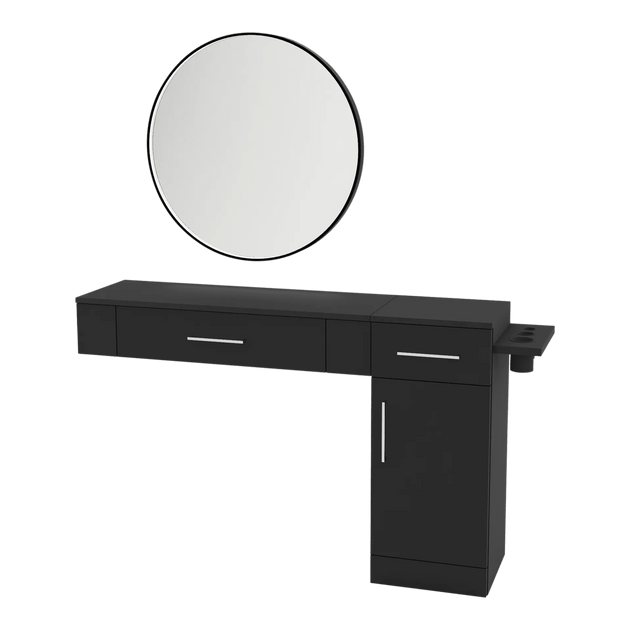 Nova Combo Wall Mount Styling Station with Side-Mount Appliance Holder and Black Round Westin Mirror - Kaemark