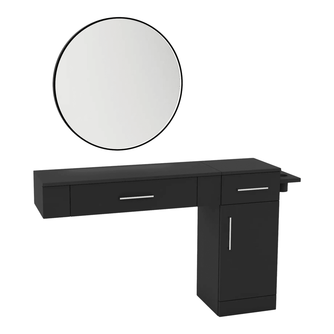 Nova Combo Wall Mount Styling Station with Side-Mount Appliance Holder and Black Round Westin Mirror - Kaemark