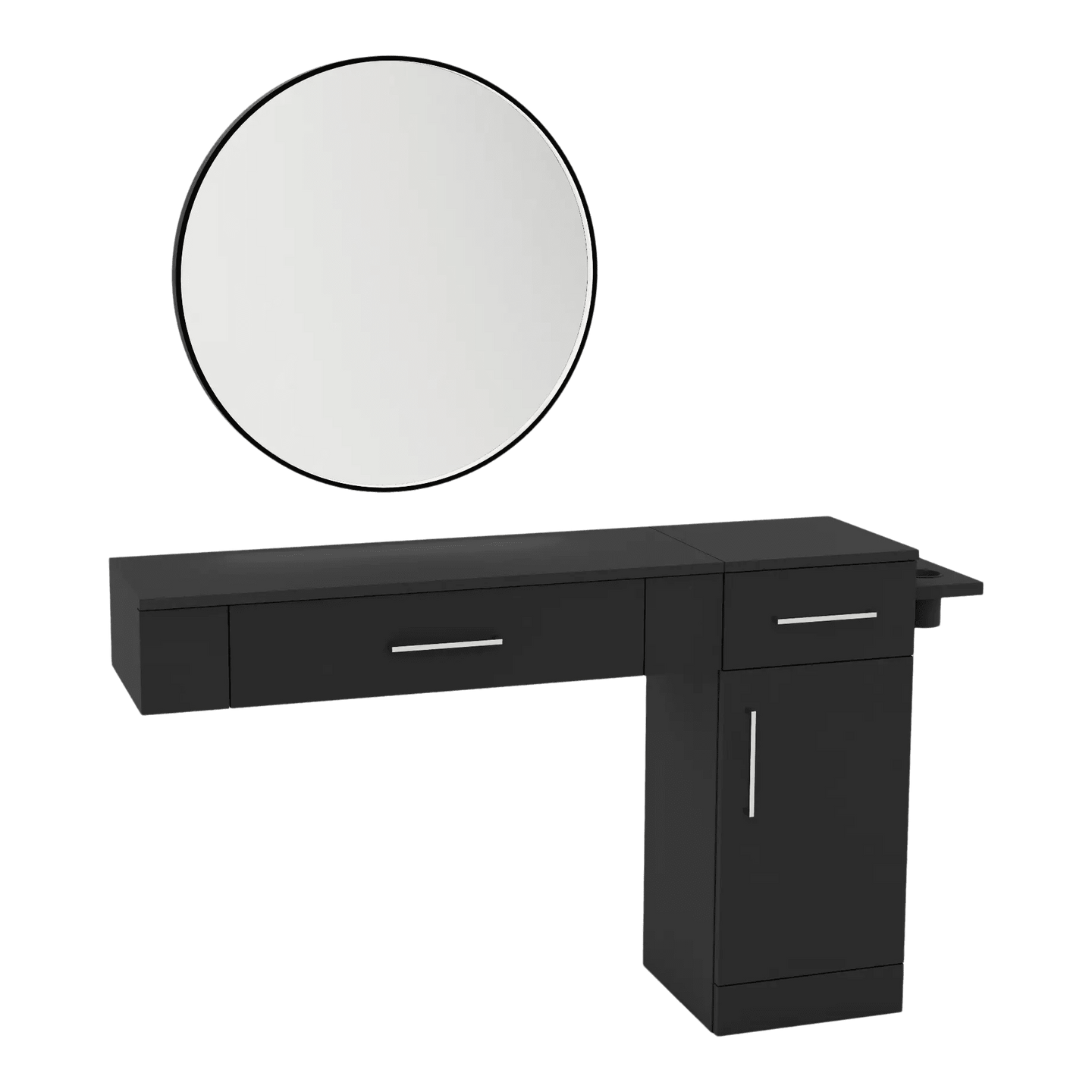 Nova Combo Wall Mount Styling Station with Side-Mount Appliance Holder and Black Round Westin Mirror - Kaemark