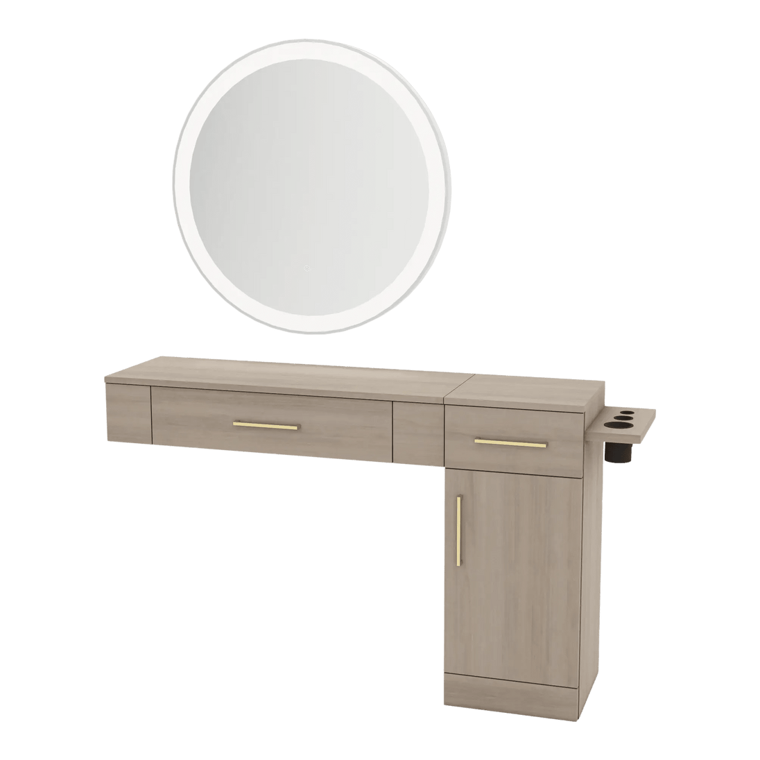 Nova Combo Wall Mount Styling Station with Side-Mount Appliance Holder and Silver Round Glo Mirror - Kaemark