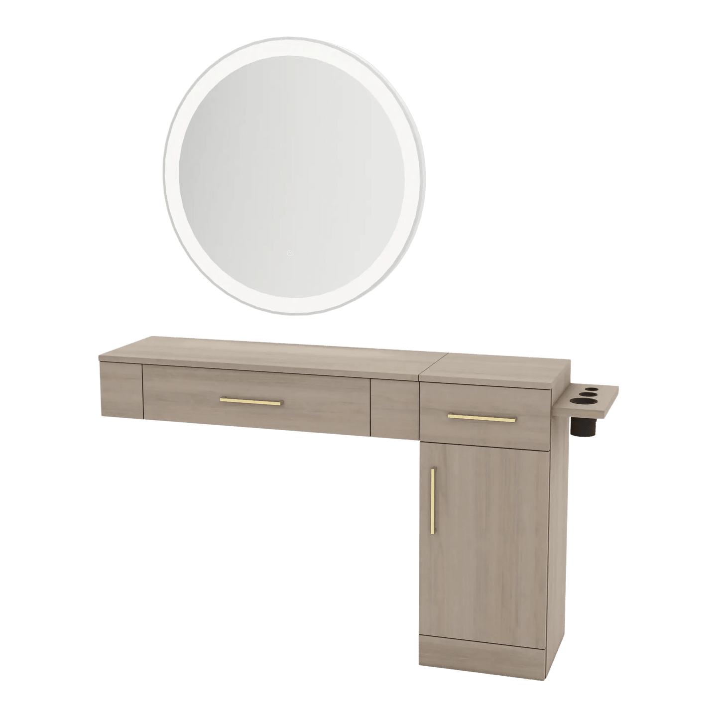 Nova Combo Wall Mount Styling Station with Side-Mount Appliance Holder and Silver Round Glo Mirror - Kaemark