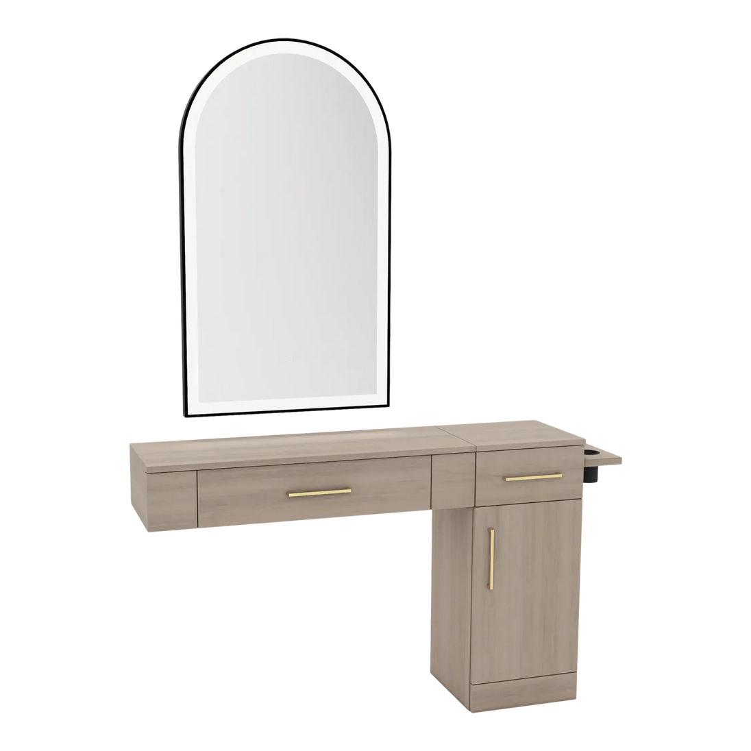 Nova Combo Wall Mount Styling Station with Side-Mount Appliance Holder and Black Arch Paloma Mirror - Kaemark
