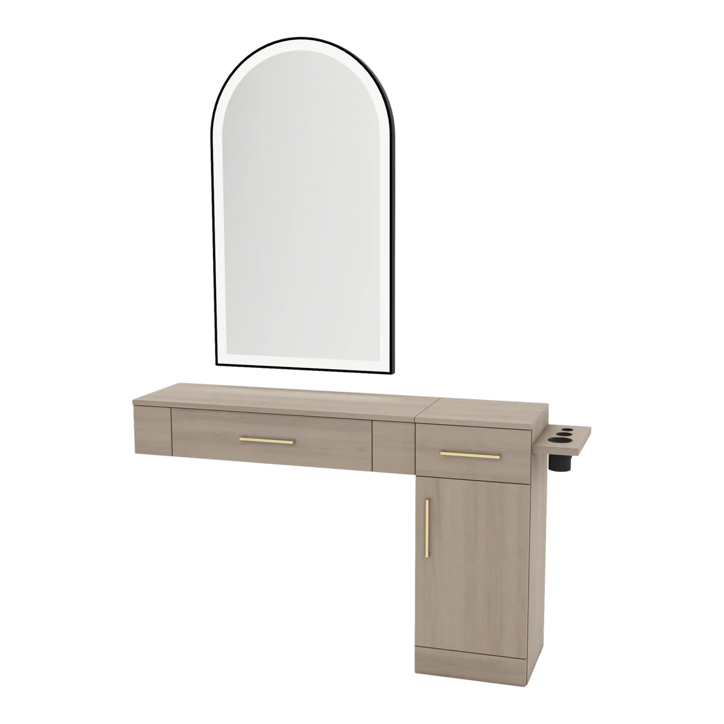 Nova Combo Wall Mount Styling Station with Side-Mount Appliance Holder and Black Arch Paloma Mirror - Kaemark