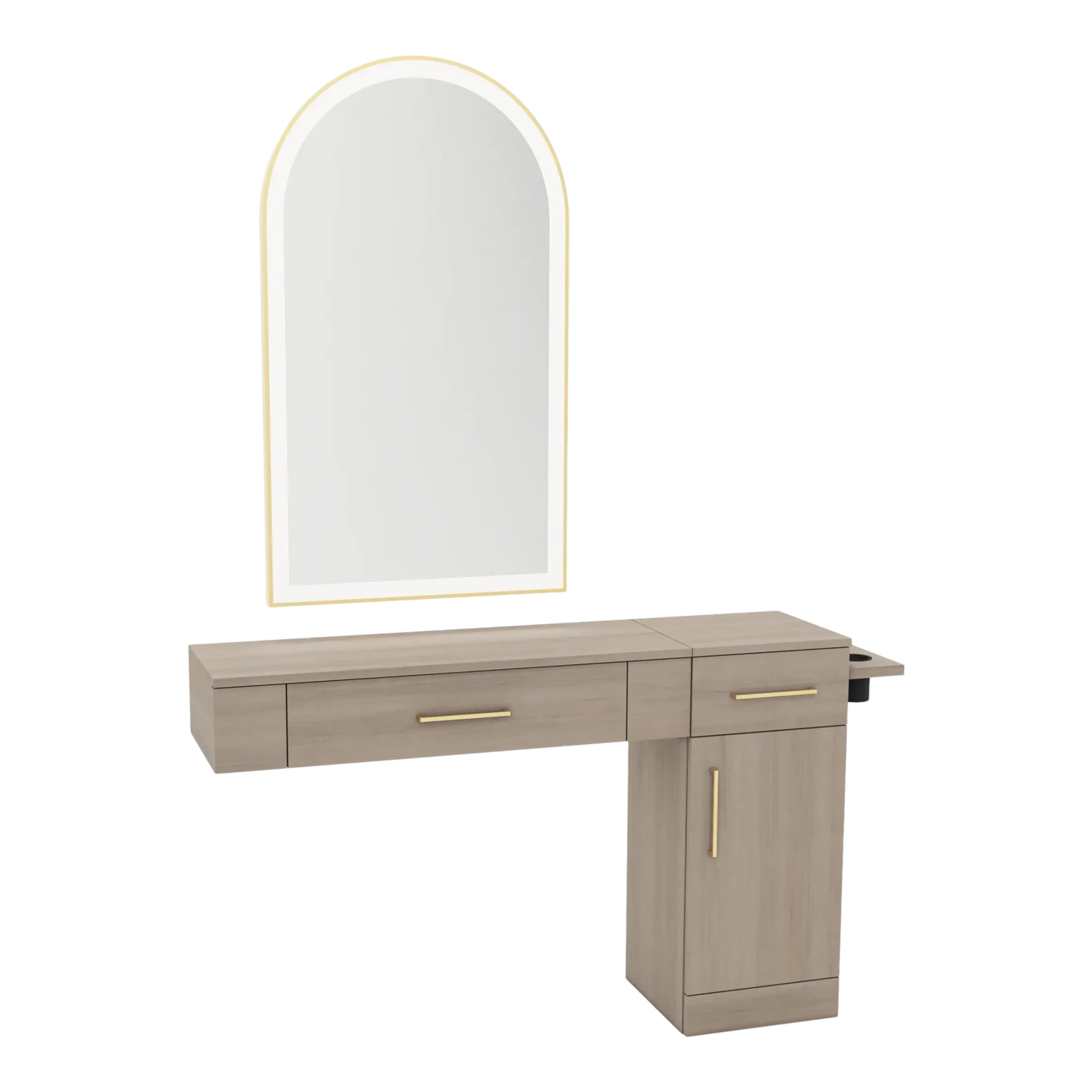 Nova Combo Wall Mount Styling Station with Side-Mount Appliance Holder and Gold Arch Paloma Mirror - Kaemark